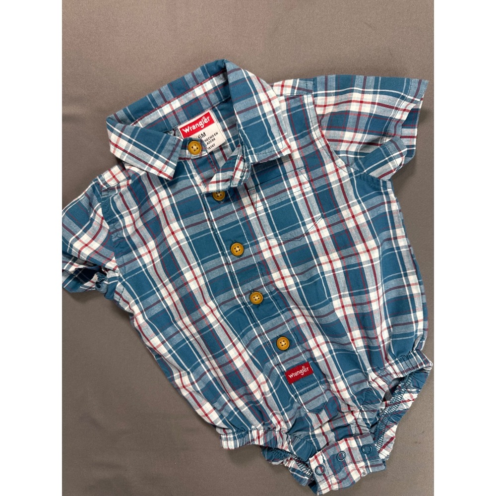 Wrangler Baby Boy Blue Red Plaid Button Down Bodysuit 6M